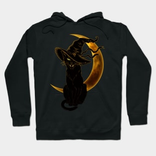 Black Cat with Witch Hat and Crescent Moon Hoodie